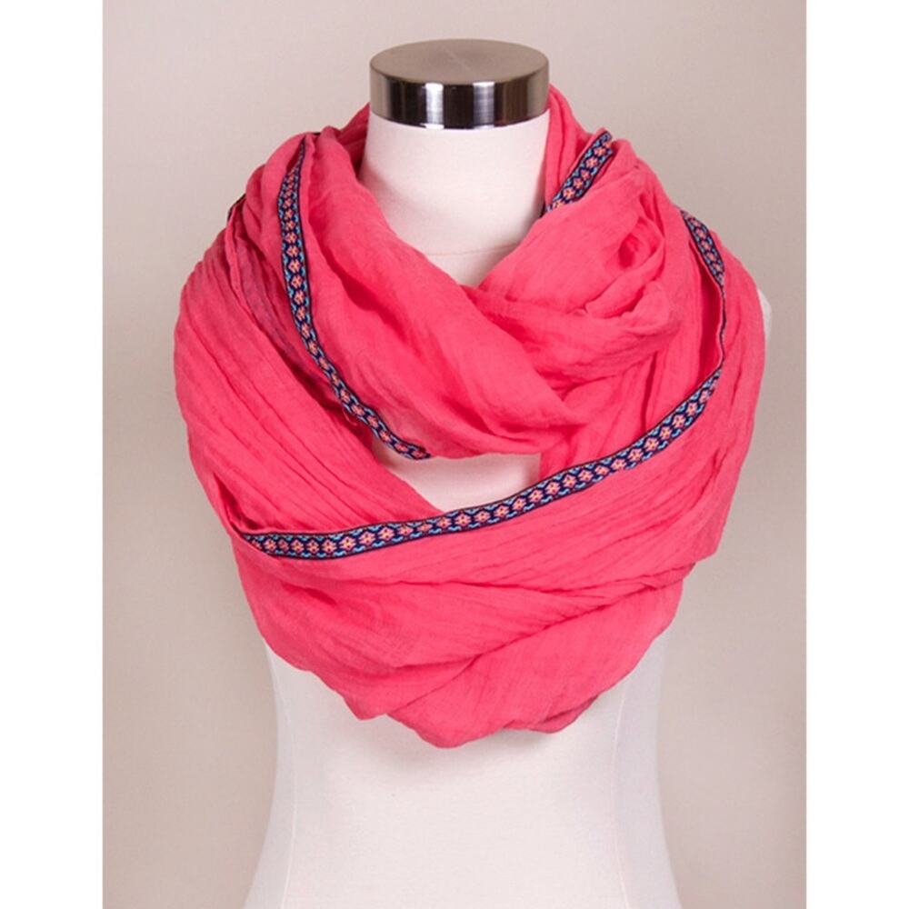NEW NWT Boutique Solid Hot Pink Aztec Ribbon Trim Cowl Infinity Scarf